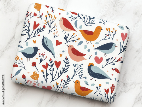 Colorful birds and floral patterns on laptop cover, featuring hearts and leaves photo