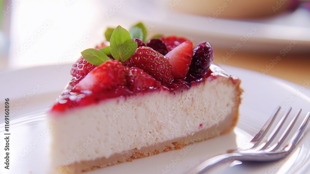 A macro shot of a classic New York-style cheesecake, topped with a glossy strawberry glaze and fresh strawberries. The slice is served on a white plate with a silver fork resting beside it. A macro shot of a classic New York-style cheesecake, topped with a glossy strawberry glaze and fresh strawberries. The slice is served on a white plate with a silver fork resting beside it.
