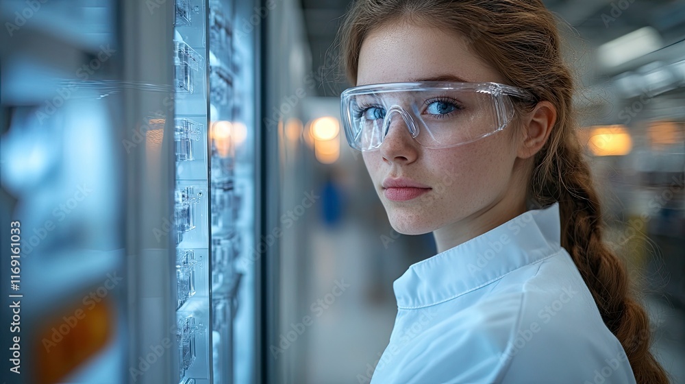 Technician monitoring pharmaceutical freeze-drying process through observation window Technician monitoring pharmaceutical freeze-drying process through observation window