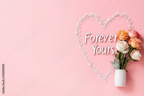 Valentine pink background, A charming pink background features "Forever Yours" surrounded by a heart shape, complemented by a vase of beautiful pastel flowers.