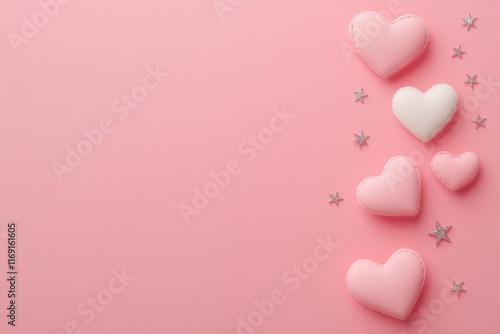 Valentine pink background, A visually appealing arrangement of pastel-colored hearts on a soft pink background, perfect for themes of love and affection.