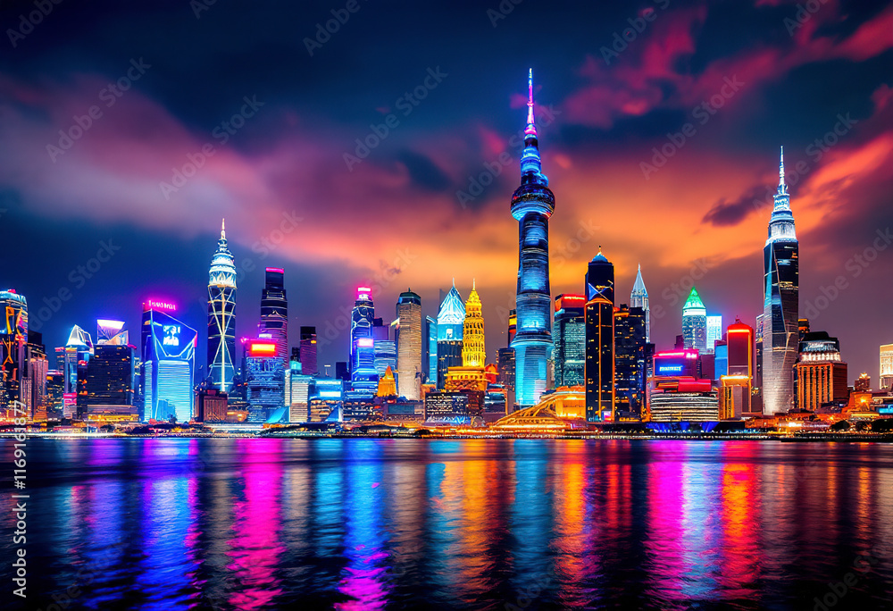 A colorful night skyline of a large city with tall skyscrapers and buildings reflected in the water, with a vibrant and illuminated cityscape A colorful night skyline of a large city with tall skyscrapers and buildings reflected in the water, with a vibrant and illuminated cityscape