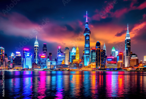 A colorful night skyline of a large city with tall skyscrapers and buildings reflected in the water, with a vibrant and illuminated cityscape