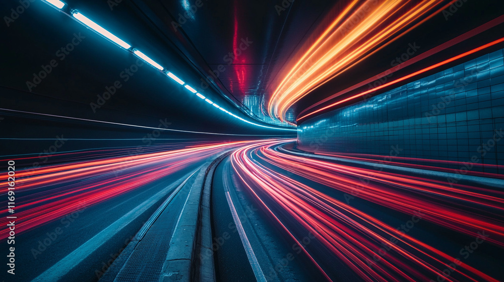 Light trails blur as vehicles navigate through a tunnel at night Light trails blur as vehicles navigate through a tunnel at night