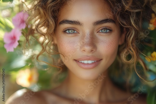 sunkissed young woman with radiant skin curly hair glinting in the summer light her gentle smile reflecting the warmth of the season set in a dreamy outdoor garden filled with colorful blooms photo