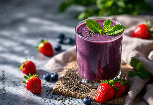 a dark purple berry smoothie with visible strawberries and chia seeds
