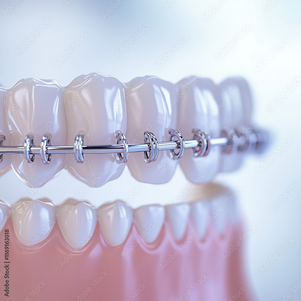 Close-up of an orthodontic archwire attached to brackets on a dental model, bright white background