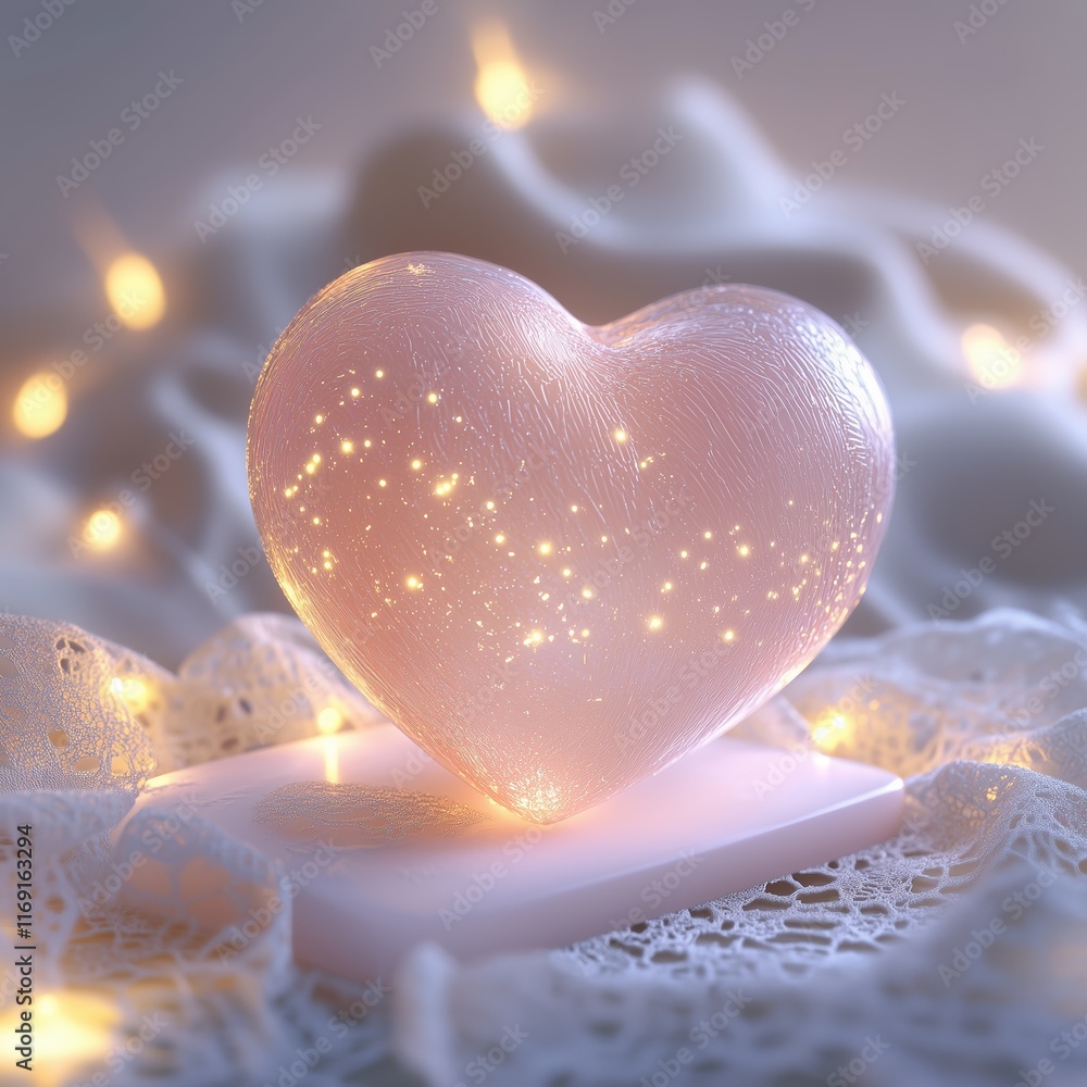 Fototapeta premium Pastel heart ornament glowing softly on lace with fairy lights in a cozy atmosphere