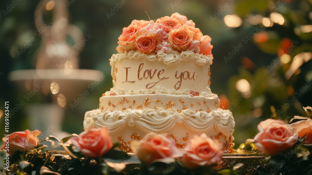 Fototapeta premium A multilevel Valentine's Day cake amidst a beautiful garden setting. Ideal for outdoor celebration inspiration.