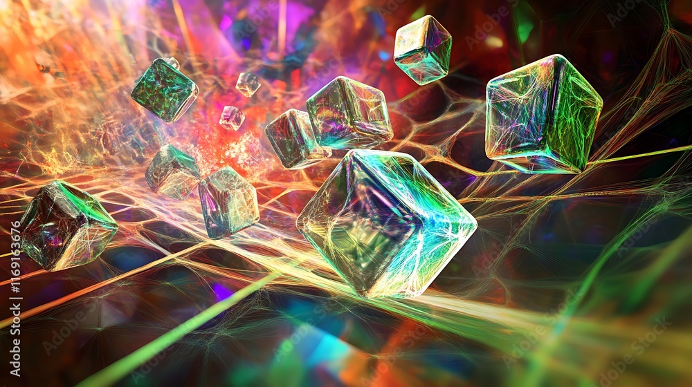 Fototapeta premium Colorful Cubes Flowing Through Vibrant Network