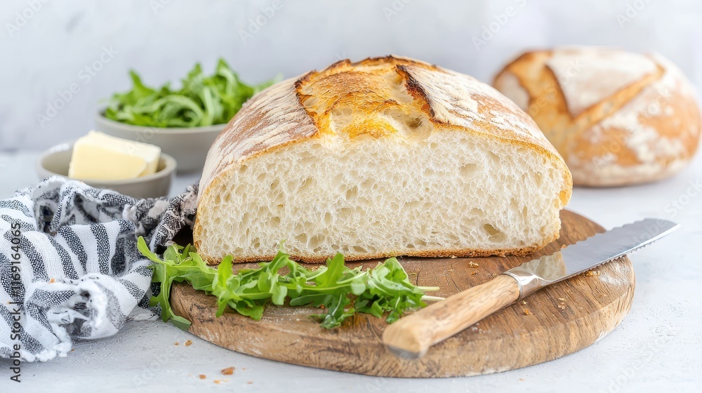 A macro shot of a warm, golden loaf of sourdough bread with a crisp crust and airy interior. The loaf is placed on a rustic wooden cutting board, accompanied by a knife and a small dish of salted A macro shot of a warm, golden loaf of sourdough bread with a crisp crust and airy interior. The loaf is placed on a rustic wooden cutting board, accompanied by a knife and a small dish of salted