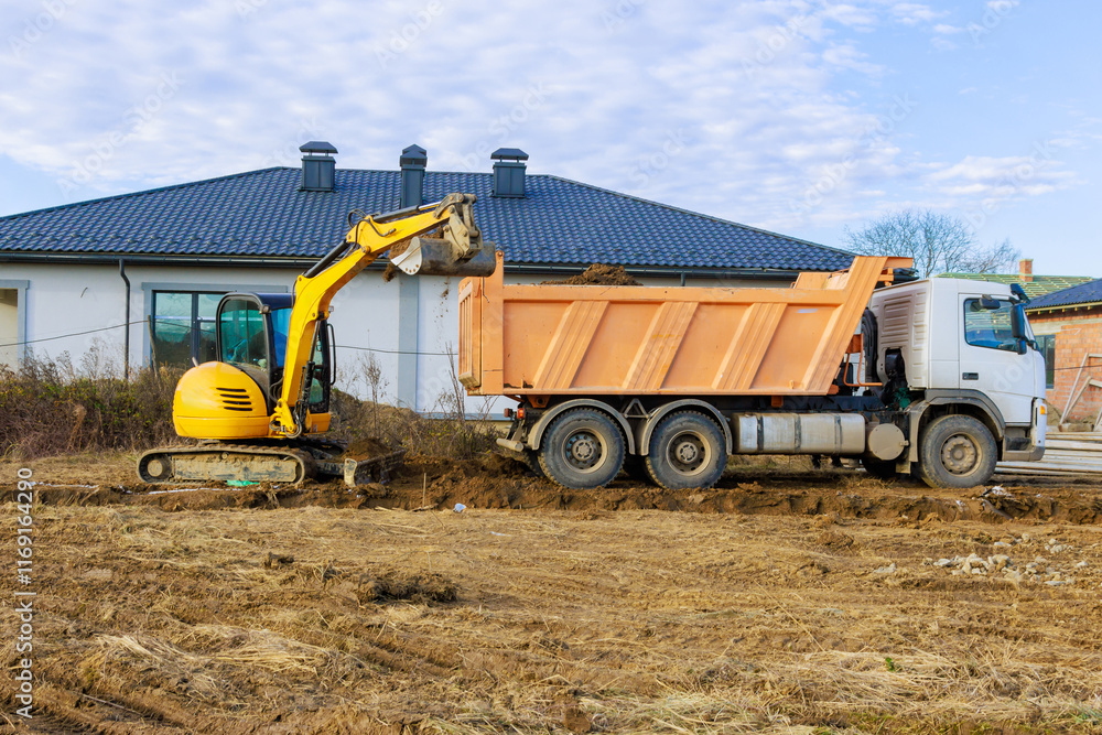 Excavator operates at construction site, with an excavator loading dirt into dump truck beside house. Excavator operates at construction site, with an excavator loading dirt into dump truck beside house.
