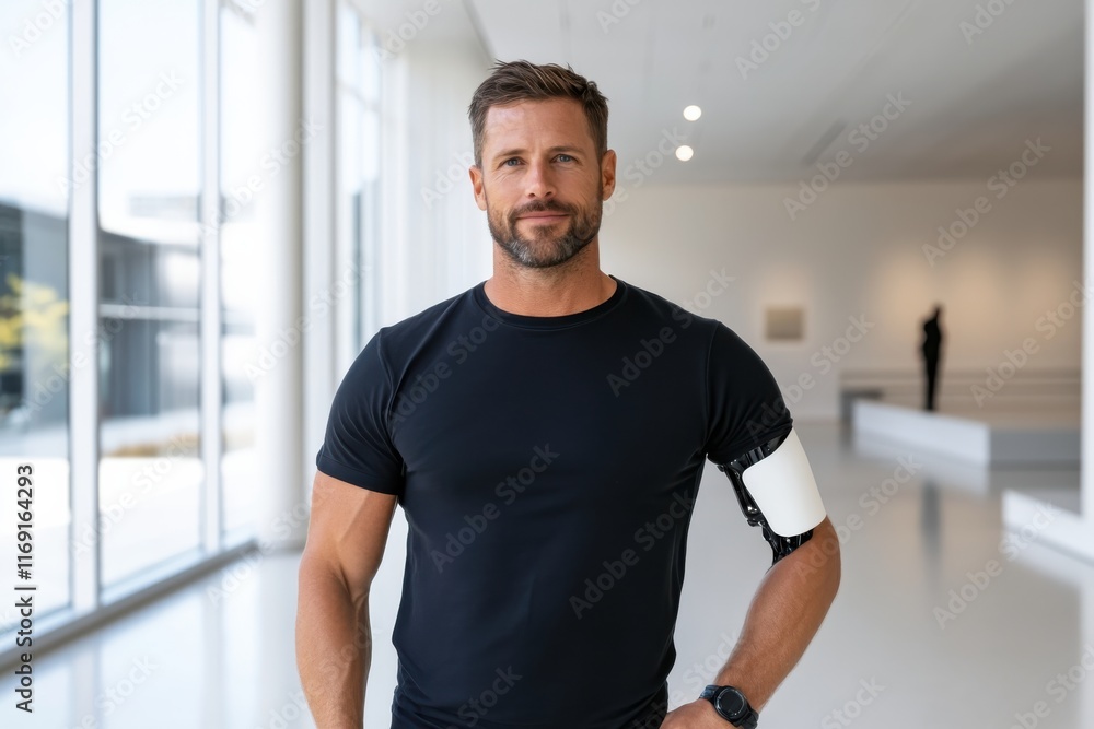 A strong man with an athletic build poses confidently in a modern gallery, radiating self-assurance and resilience with a touch of sophistication in his appearance. A strong man with an athletic build poses confidently in a modern gallery, radiating self-assurance and resilience with a touch of sophistication in his appearance.