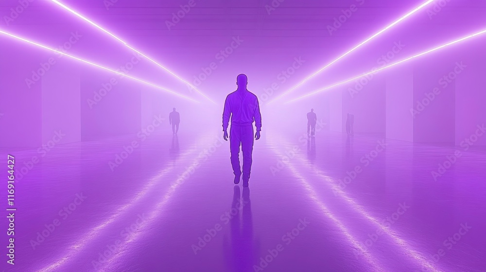Mystical journey of a figure in a neon-lit corridor futuristic setting digital art atmospheric perspective Mystical journey of a figure in a neon-lit corridor futuristic setting digital art atmospheric perspective
