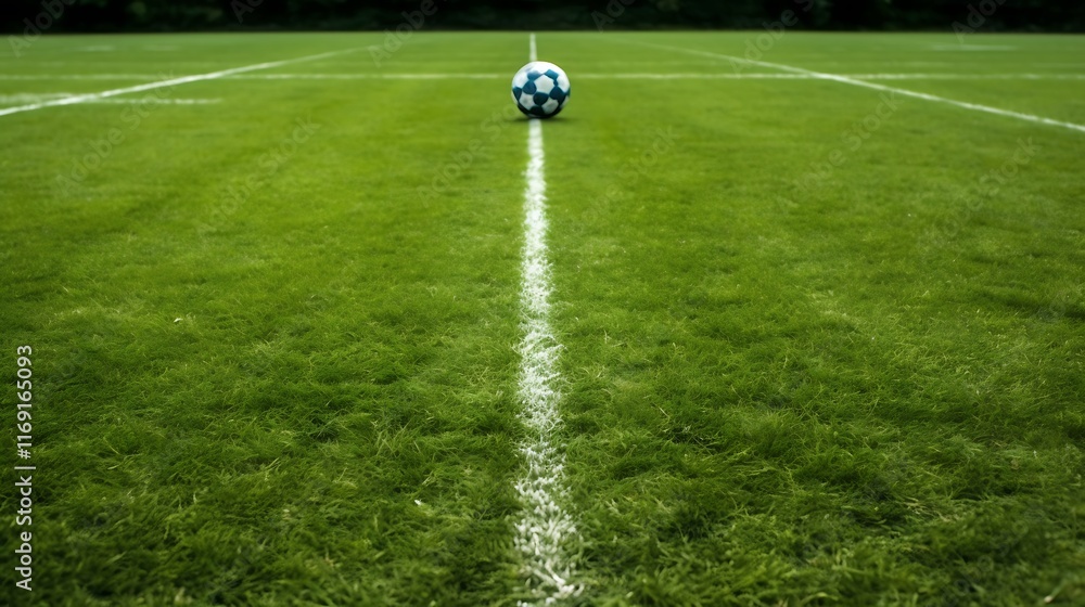Fototapeta premium Soccer Ball on Green Field Center Line