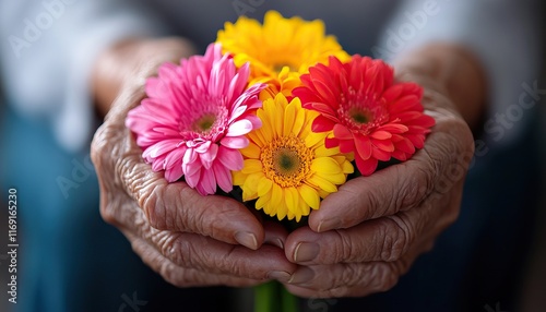 A pair of weathered hands gently holds vibrant flowers, showcasing beauty, care, and the passage of time through a colorful bouquet.