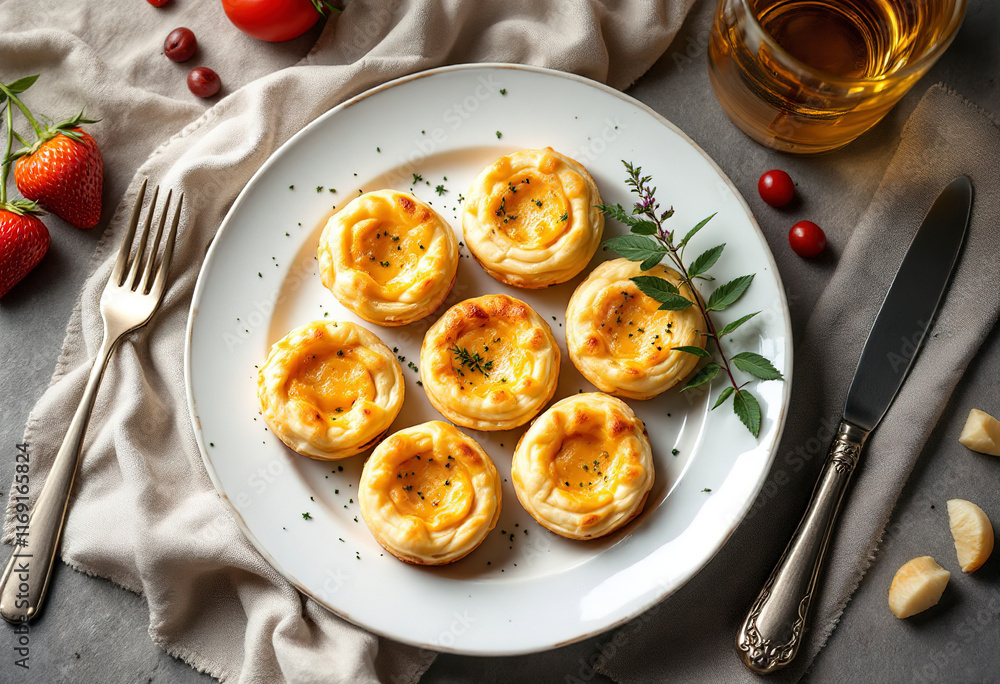 A medium shot of a white plate with small round cheese pastries A medium shot of a white plate with small round cheese pastries