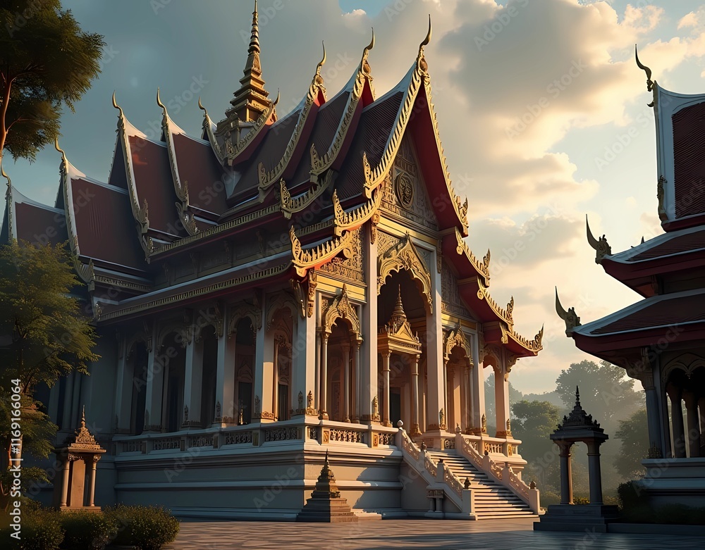 illustration of beautiful Thai-style buildings in the 16th century with intricate architecture and cinematic compositions illustration of beautiful Thai-style buildings in the 16th century with intricate architecture and cinematic compositions