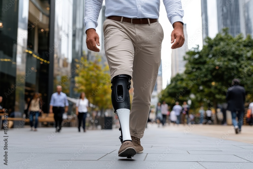 A man in professional attire walks with confidence, showcasing a modern prosthetic leg, representing innovation and the strength of the human spirit in an urban environment. A man in professional attire walks with confidence, showcasing a modern prosthetic leg, representing innovation and the strength of the human spirit in an urban environment.