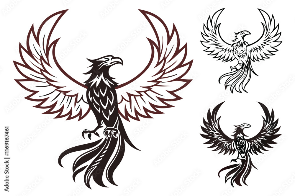 Obraz premium 12 unique Samurai Phoenix mascot logo vector silhouettes with fiery wings and noble stances