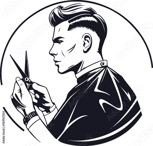 A barber is cutting hair with scissors, the lines are Mandela style, the Mandela lines will not go outside the lines, line art and black thick lines, clear lines, no color, white background 15.eps