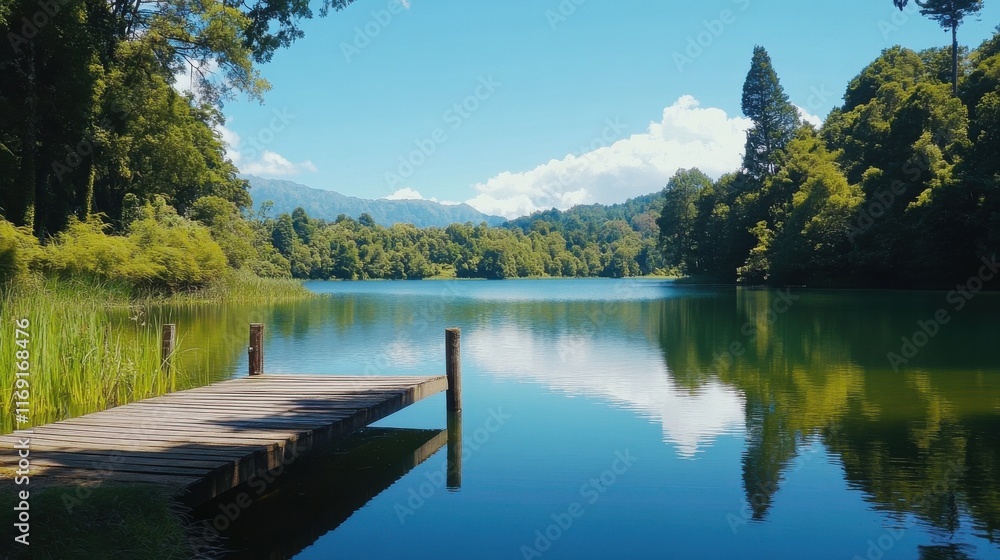 Obraz premium A picturesque summer lake surrounded by lush green trees, reflecting the clear blue sky, with a small wooden pier extending into the water.