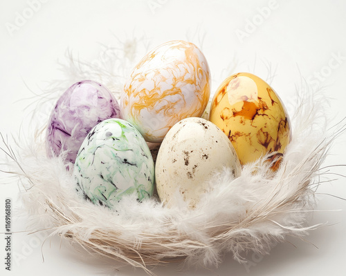 Vibrant scene of marble Easter eggs nestled in feathers on a white background. photo