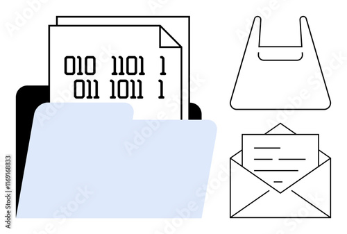 Binary code pages in a folder, a plastic shopping bag, a mailed letter in an envelope. Ideal for data storage, digital documentation, communication, organization, paperwork, information transfer photo