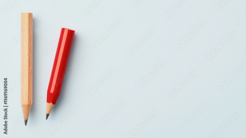 Two colored pencils, one red and one natural wood, are placed on a light blue background, showcasing a minimalist artistic aesthetic. Two colored pencils, one red and one natural wood, are placed on a light blue background, showcasing a minimalist artistic aesthetic.