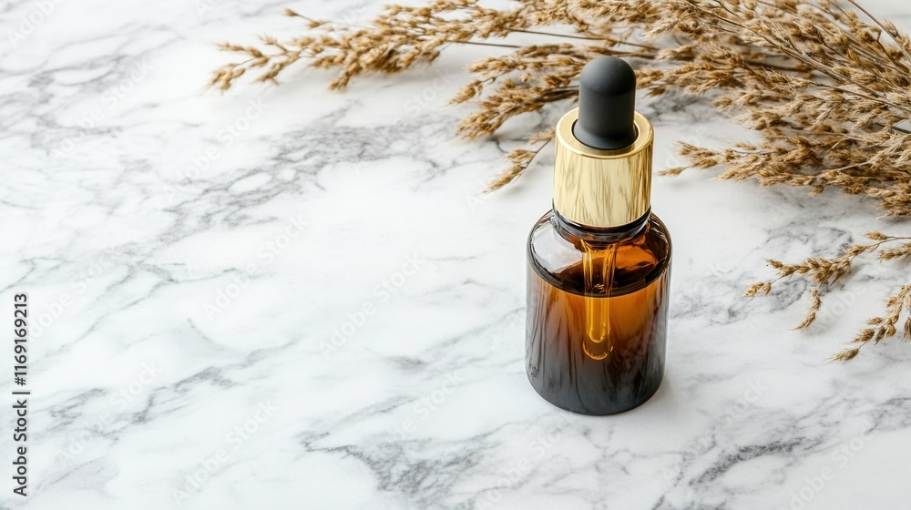Fototapeta premium Applying essential oil serum aesthetic studio product photography minimalist design close-up self-care ritual