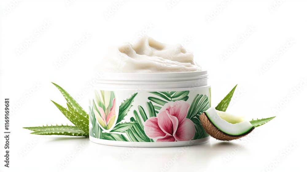 A blue jar with natural cream on herbs on a white background. A blue jar with natural cream on herbs on a white background.