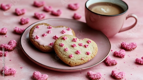 Heart-shaped cookies and coffee celebrating valentine's day photo