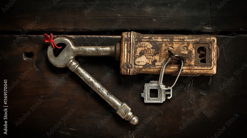 Antique Key and Lock on Wooden Background Antique Key and Lock on Wooden Background