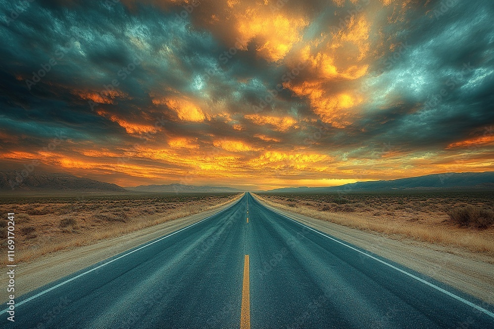 Naklejka premium A panoramic shot of a long, empty highway stretching into the desert horizon under a dramatic sky with towering cumulonimbus clouds.