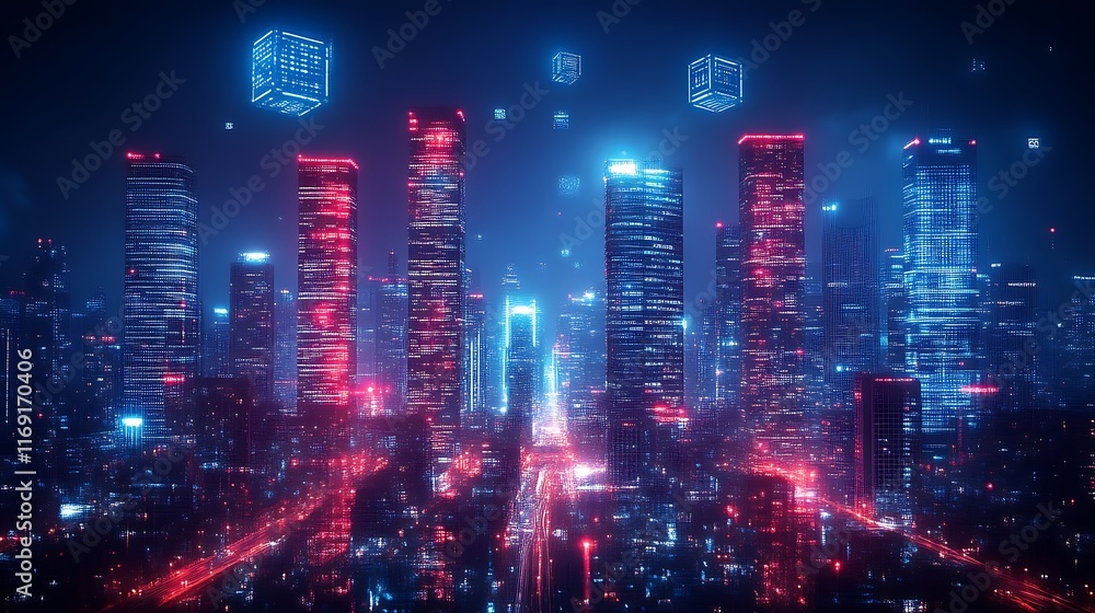 Neon Cityscape Illuminated with Floating Data Cubes Neon Cityscape Illuminated with Floating Data Cubes