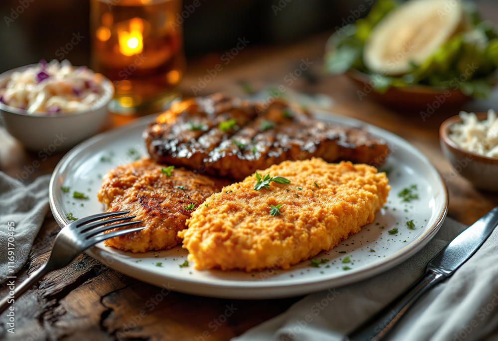 a plate with a breaded wiener schnitzel, a cooked meat steak, and a coleslaw salad a plate with a breaded wiener schnitzel, a cooked meat steak, and a coleslaw salad