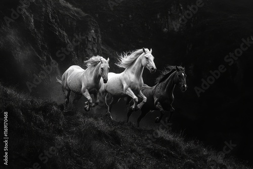 Three horses, one white, running at lightning speed across a field, jump over a cliff to the other side