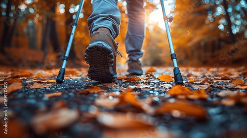 legs of disabled man in casual clothes with long sticks walking in the road