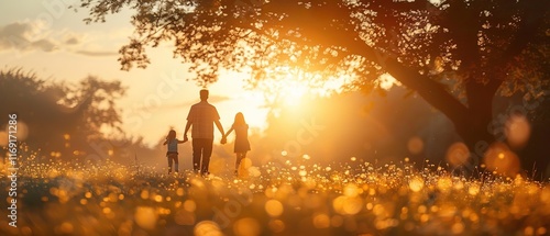 Dad and children walking at sunset