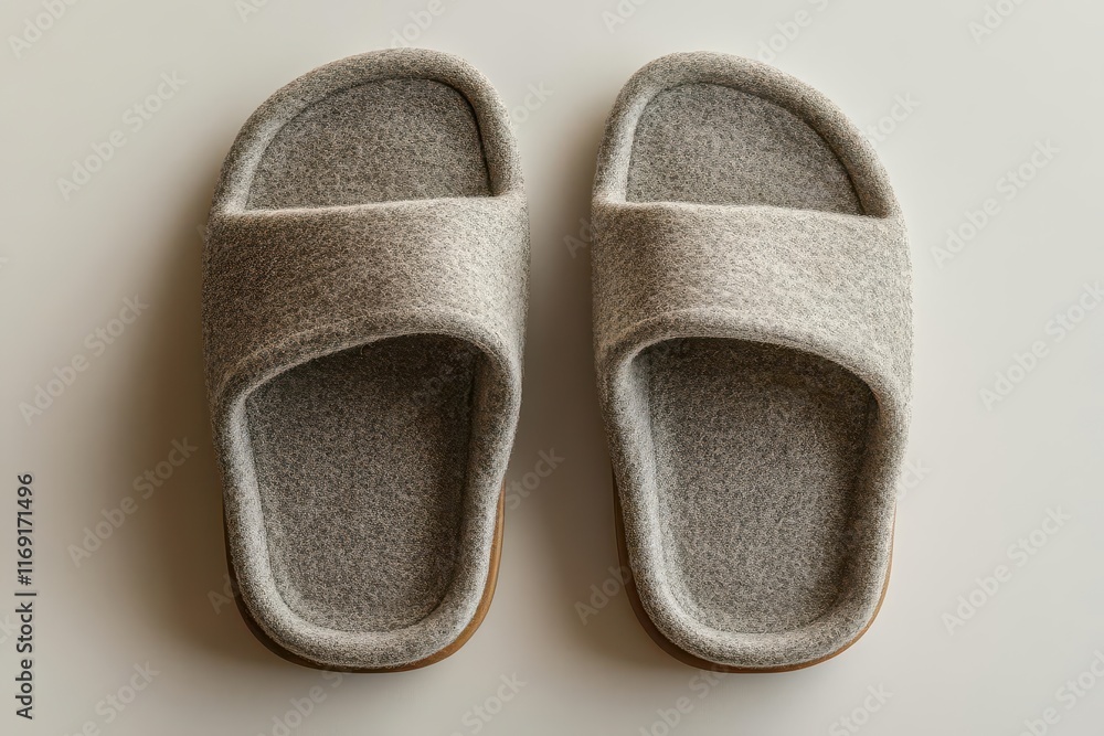 topdown view of soft gray hotel slippers presented as a minimalist mockup design against a pristine white background conveying simplicity and elegance for hospitality use topdown view of soft gray hotel slippers presented as a minimalist mockup design against a pristine white background conveying simplicity and elegance for hospitality use