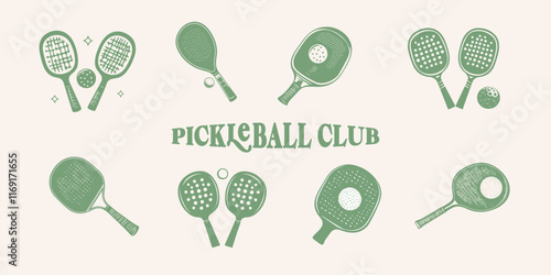 Creative array of pickleball paddles and ball, with club text.