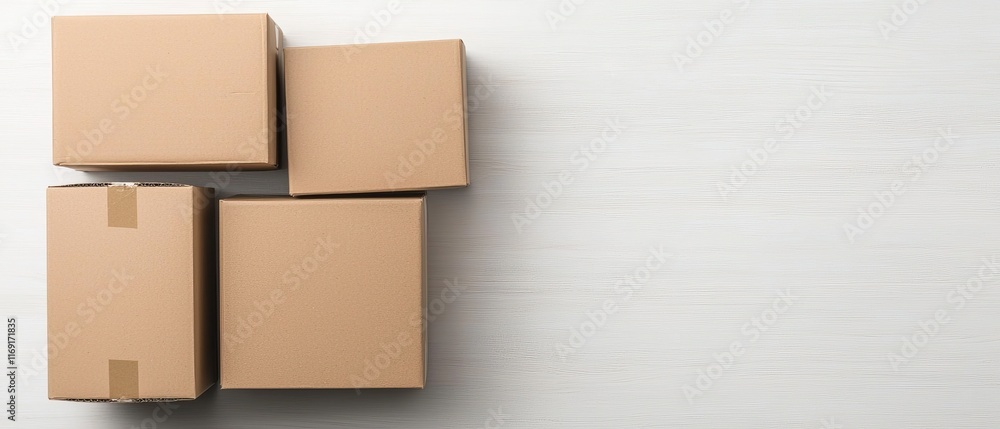 Four brown cardboard boxes arranged on a light wooden surface, creating a minimalistic and organized appearance. Four brown cardboard boxes arranged on a light wooden surface, creating a minimalistic and organized appearance.