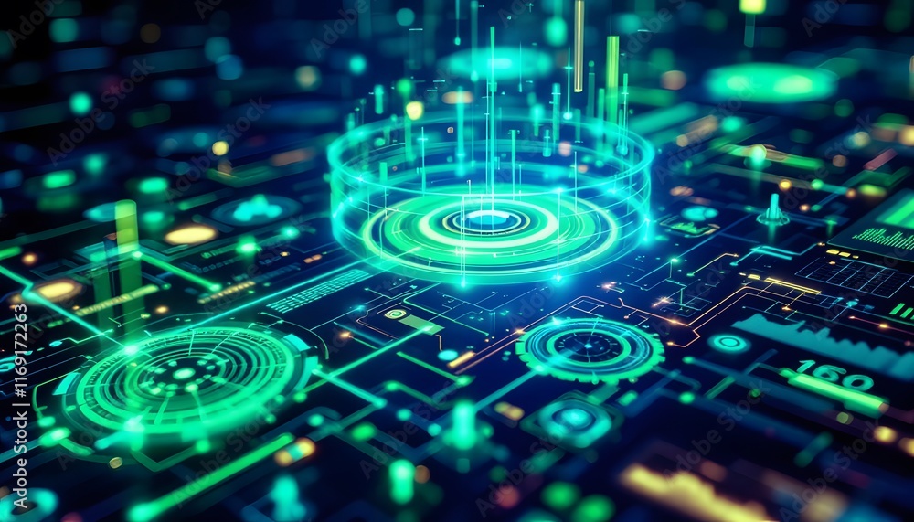 Abstract Futuristic Circuit Board with Glowing Elements and Data Visualization Abstract Futuristic Circuit Board with Glowing Elements and Data Visualization