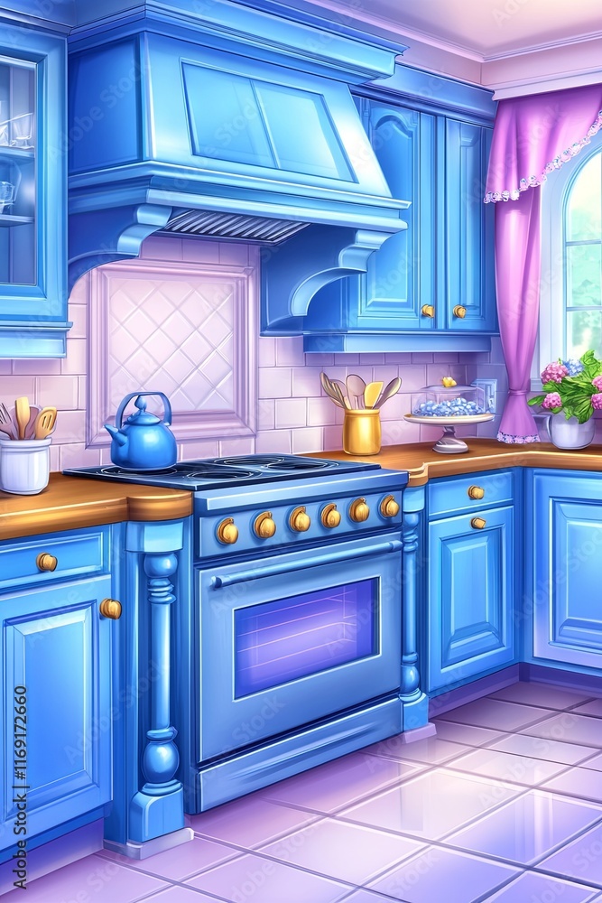 Brightly Colored Modern Kitchen in Cartoon Style Brightly Colored Modern Kitchen in Cartoon Style