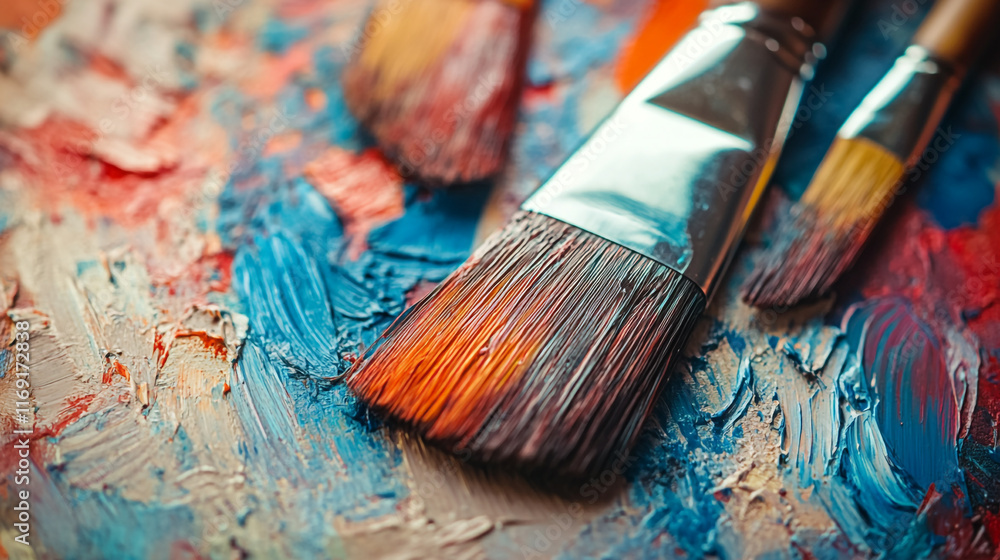 Fototapeta premium Creative workspace with paintbrushes resting on colorful textured palette