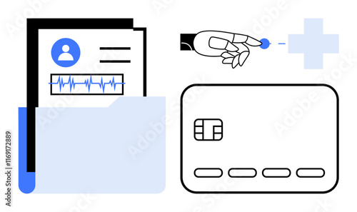 Medical file folder with patient information, a robotic hand dispensing a pill, and a credit card. Ideal for healthcare, medical technology, digital payments, health data privacy, medical