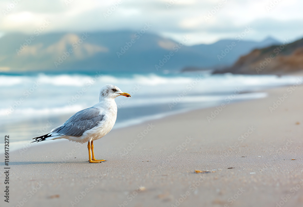 Obraz premium A young seagull standing on a sandy beach, with the ocean and mountains in the background