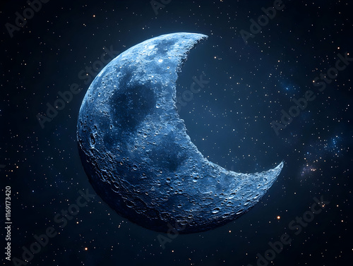 A crescent moon with a bite taken out of it against a starry night sky.