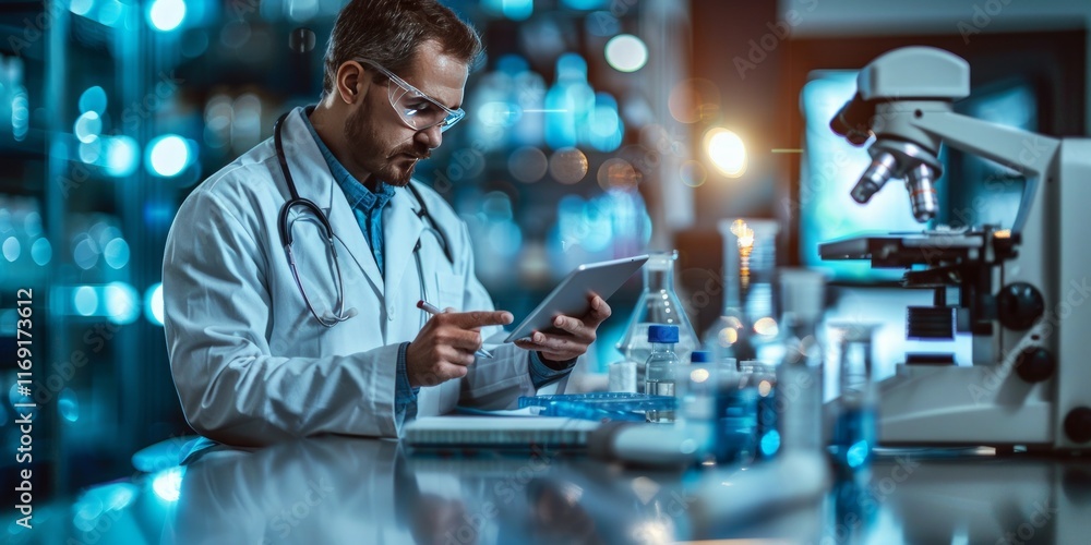 Scientist in a laboratory using a digital tablet alongside a microscope and various scientific tools Scientist in a laboratory using a digital tablet alongside a microscope and various scientific tools