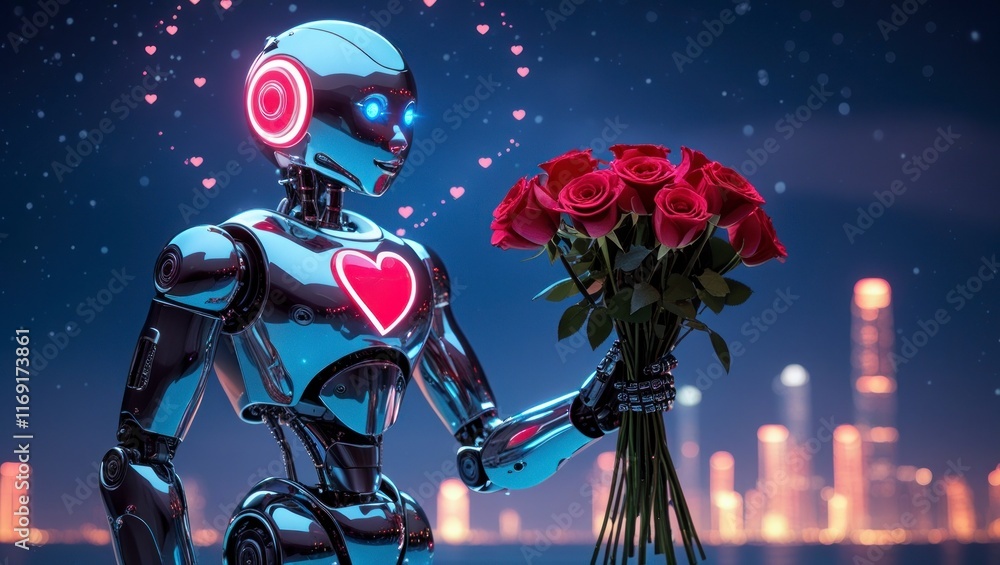 Obraz premium Futuristic robot , artificial intelligence CGI on black background . Robotic man 3D render animation . 3D illustration . Chocolate box gifts Valentine's day